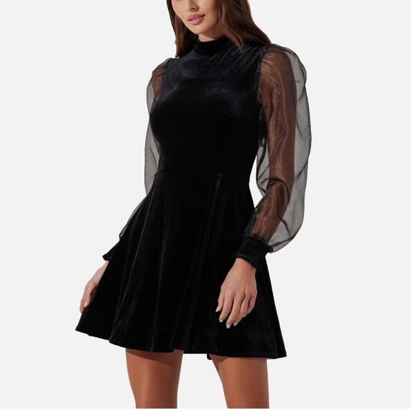 NEW ASTR Black VELVET High Neck SHEER Puff Sleeve COCKTAIL Mini DRESS S - Picture 2 of 16